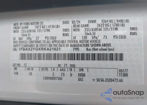 2024 Ford Transit-350 Passenger Van Xl/Xlt z USA, uszkodzony, nr VIN 1FBAX2YGXRKA21621